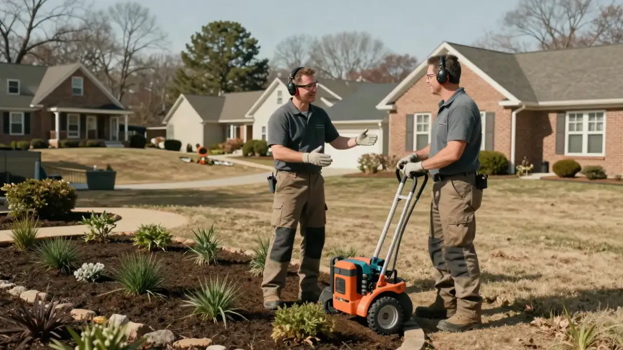 Landscaping in Cookeville, TN : professional landscaper standing with a client in a newly designed backyard, gesturing