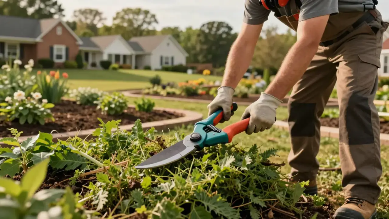 Landscaping in Cookeville, TN : close-up of sharp, clean garden shears resting on a pile of freshly cut green foliage, with