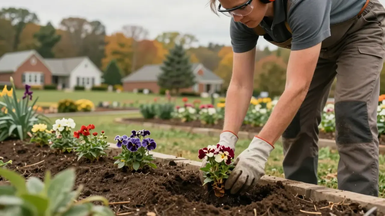 Landscaping in Cookeville, TN : close-up of a landscaper's hands carefully planting a small flowering perennial into freshly