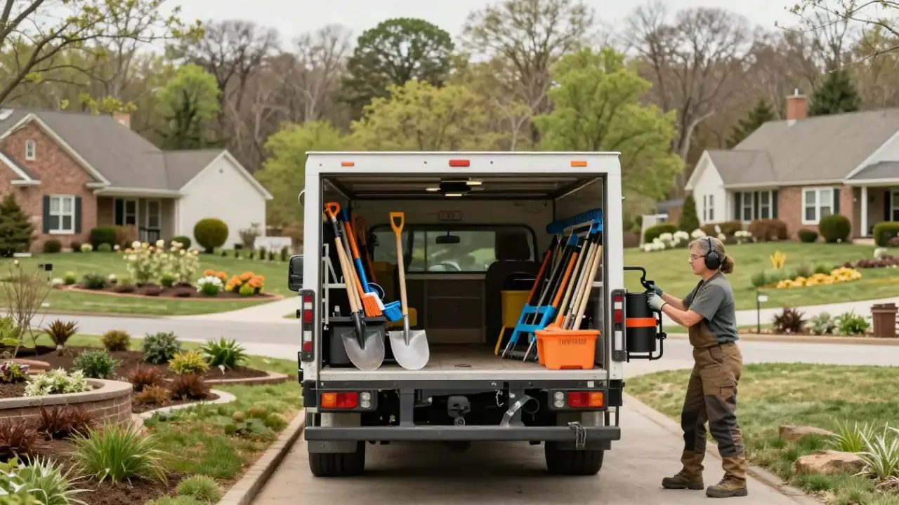 Landscaping in Cookeville, TN : rear of a clean, well-organized landscape truck with various hand tools (shovels, rakes