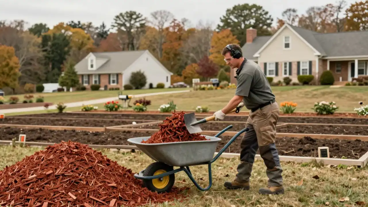 Mulching Services in Cookeville, TN : landscaper using a shovel to transfer red pine bark mulch from a large pile into a