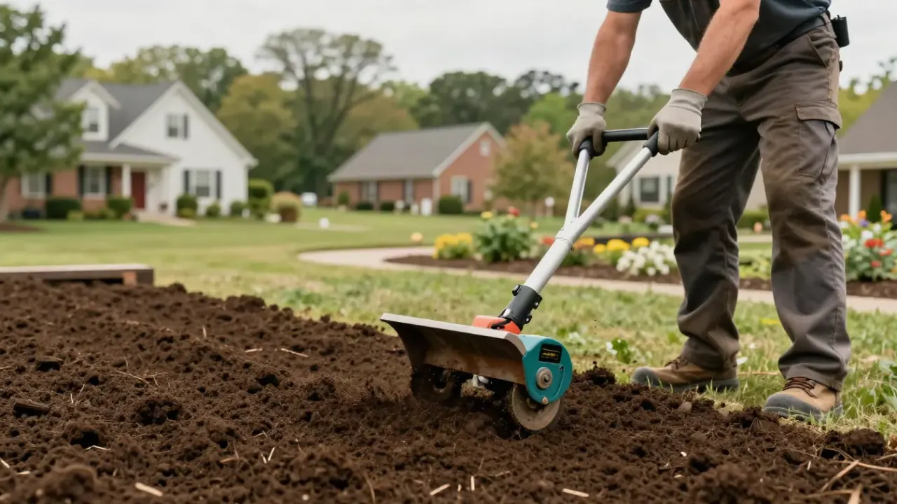 Landscaping in Cookeville, TN : close-up of healthy, dark topsoil being worked by a small tiller in preparation for