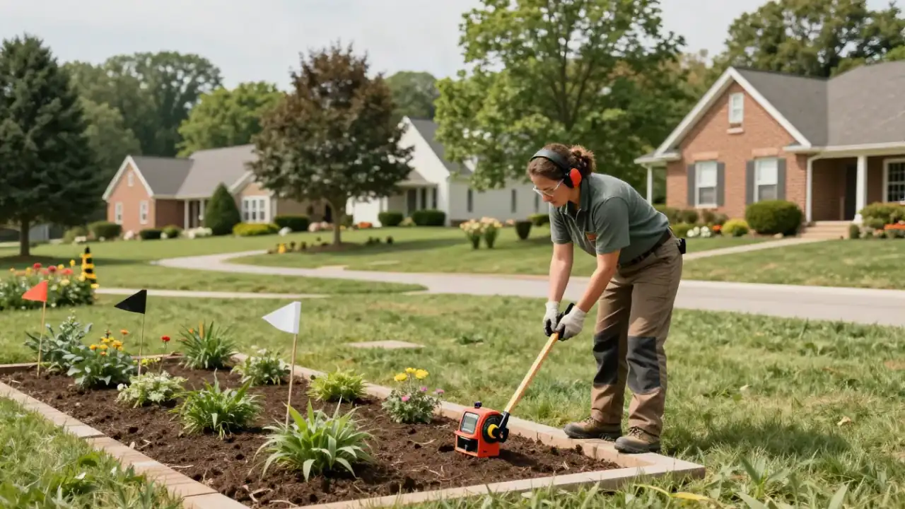 Landscape Design in Cookeville, TN : landscaper using a measuring wheel to determine the dimensions of a new garden bed area