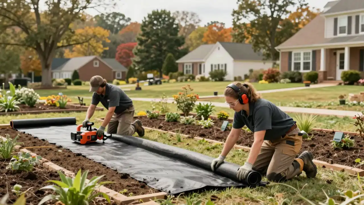 Landscaping in Cookeville, TN : team of two landscapers working together, one kneeling to lay weed barrier fabric while the