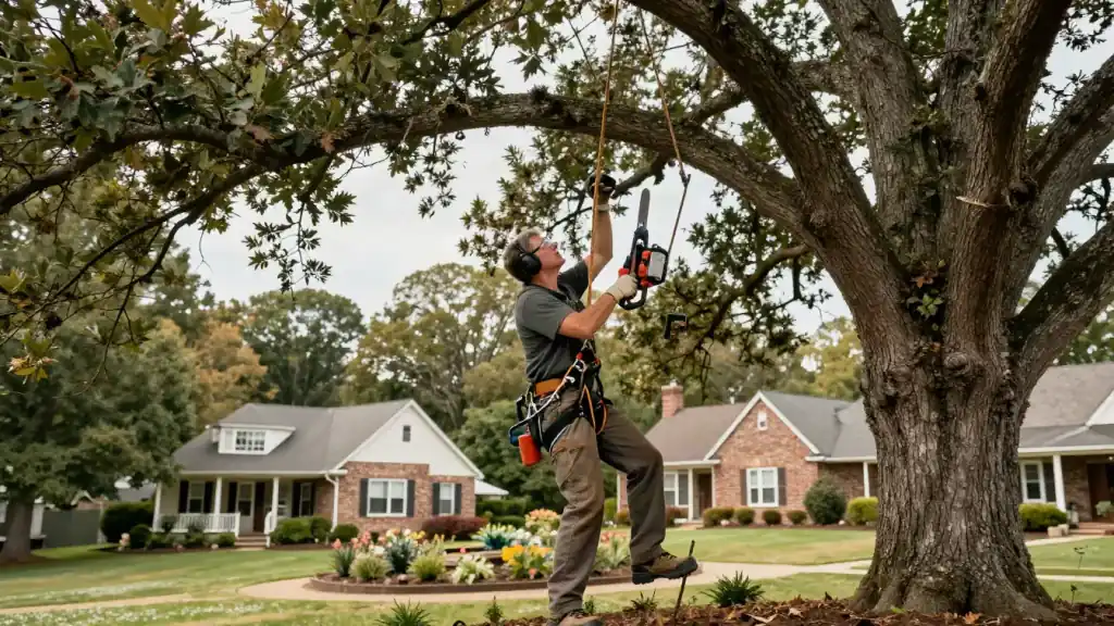 Tree Trimming and Pruning in Cookeville, TN : landscaper, secured by a harness and ropes, using a handheld pruning saw to