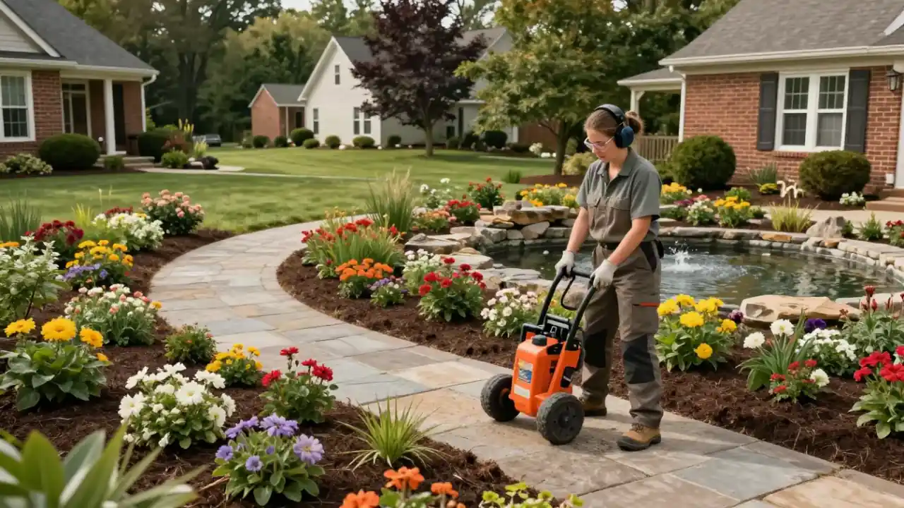 Landscaping in Cookeville, TN : wide shot of a neatly landscaped backyard featuring a new stone pathway winding through