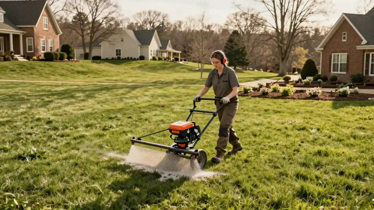 Lawn Care and Maintenance in Cookeville, TN : landscaper spreading granular fertilizer evenly across a lush green lawn using